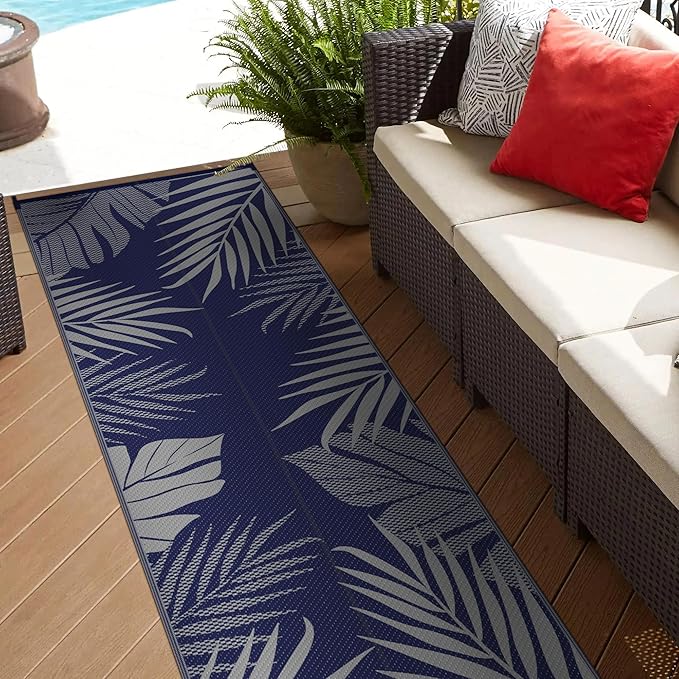 GENIMO Outdoor Rug 2.5' x 8' Waterproof for Patios Clearance, Reversible Outdoor Plastic Straw Camping Rug Carpet, Large Area Rugs Mats for RV, Camper, Deck, Balcony, Porch, Beach, Picnic, Blue&Grey