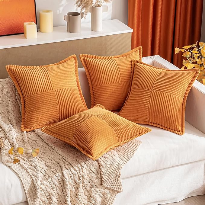 MIULEE Burnt Orange Fall Decorative Lumbar Throw Pillow Covers for Couch Bed Livingroom 12x20 Inch Set of 2 Boho Accent Throw Pllows Broadside Striped Patchwork Soft Corduroy Pillowcases