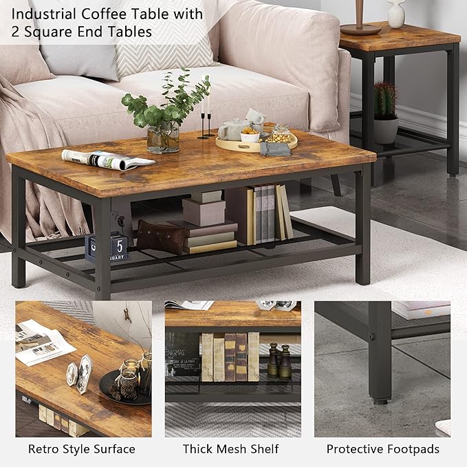 AWQM Coffee Table Industrial Coffee Table with 2 Square End Side Tables, Modern Living Room Table Set with Metal Frame for Apartment Home Office, Rustic Brown Set001