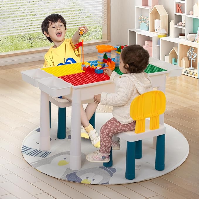 Sandinrayli 7 - in - 1 Kids Activity Table Set with 2 Chairs & 100Pcs Blocks | Water/Sand Play Table for Toddler Age 3-6 (Primary)