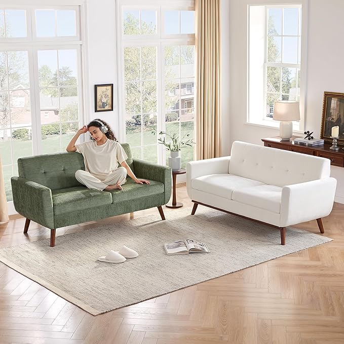 Tbfit 65" W Loveseat Sofa, Mid Century Modern Couches Love Seats for Living Room, Button Tufted Upholstered Small Couch for Bedroom, Solid and Easy to Install Love Seats Furniture, Green