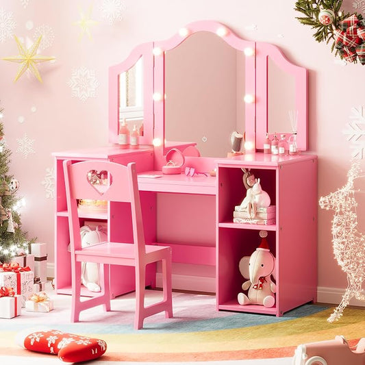 Kids Vanity Table, Princess Makeup Desk & Chair Set with touch Light Detachable Tri-Folding Mirror, Open Storage Shelves, Wooden Girls Vanity Dressing Table, Pretend Play Vanity Set for Toddler