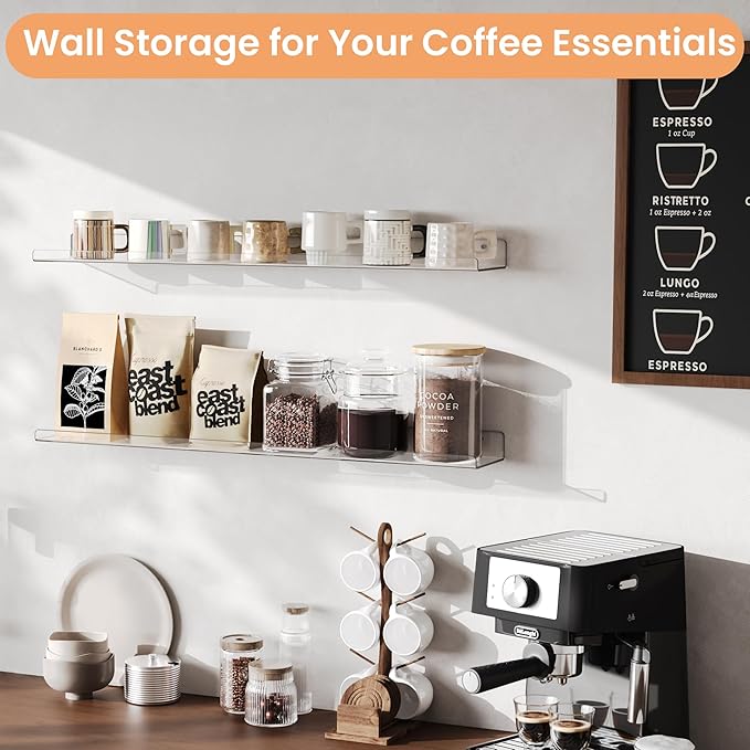 upsimples 2 Pack 35.5x5.5 Inches Acrylic Shelves for Wall Storage, Floating Bookshelves for Kids, Display Shelf Organizer for Bathroom, Bedroom, Living Room, Kitchen, Clear