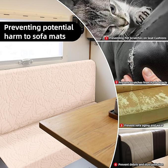 Jacquard Stretchable Dinette Cushion Covers - RV Camper Couch Replacement, 2 Backrest & 2 Bench Covers (Leaves, Beige)