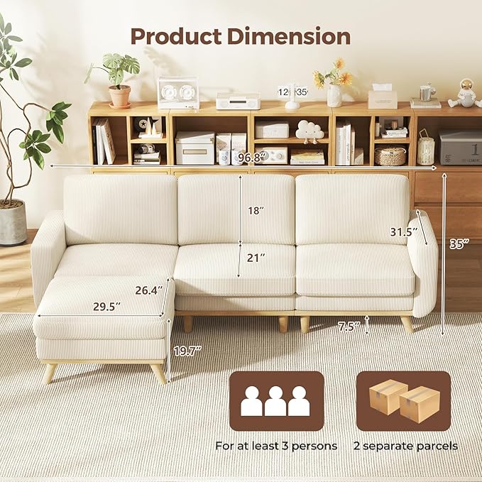 Vesgantti 97" Modular Sectional Sofa Beige, L-Shaped Couch with Movable Ottoman, Comfy Corduroy Couch with Spring Cushion, Modular Sofa with Deep Seat for Living Room, Bedroom and Apartment