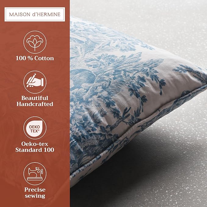 Maison d' Hermine Decorative Pillow Covers 20x20 Inch Square 100% Cotton Throw Pillow Covers with Invisible Zipper Cushion Case for Living Room Couch, Chair, Sofas, Bedroom, Home (The Miller - Denim)