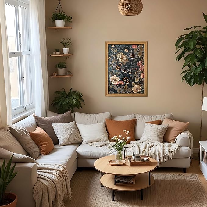 AKWISH Framed 3D Textured Vintage Wall Art - Dark Academia Bumble Bee Hand Drawn Sandstone Paintings with Botanical Florals, Aesthetic Wall Decor for Living Room Bedroom Home 12x16 inch