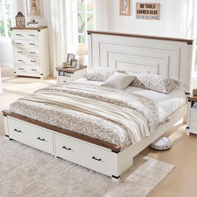 T4TREAM Farmhouse Queen Size Bed Frame with 54" Tall Geometric Headboard & 2 Large Storage Drawers, Rustic Wood Platform Bed with Wood Slats Support, No Box Spring Needed, Antique White
