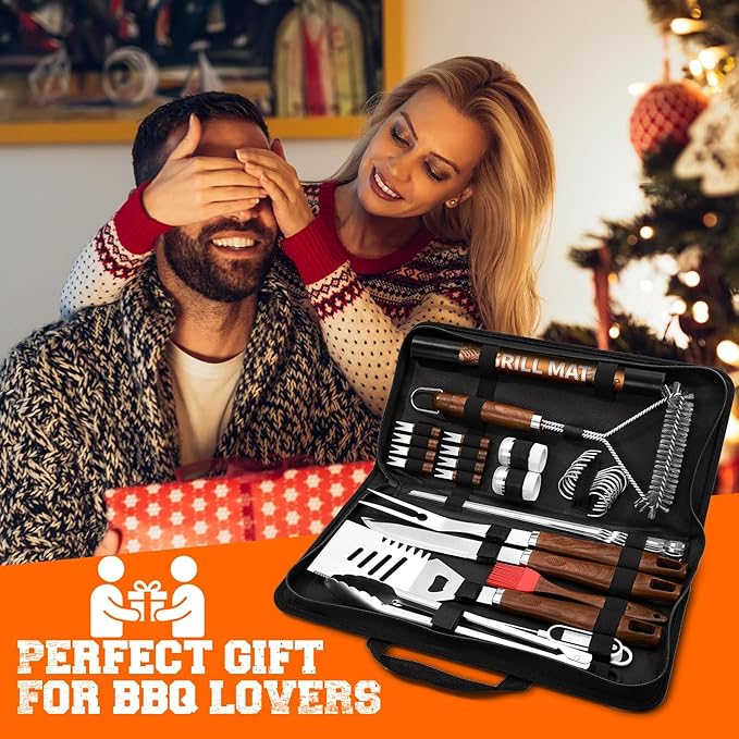 PURPLEBIRD 31PCS Grill Set for Outdoor Grill - Grilling Gift for Men & Dad, Heavy Duty Stainless BBQ Tools Kit for Camping, Grilling Utensils Set with Cleaner Brush, Thermometer, Storage Bag, BBQ Mat
