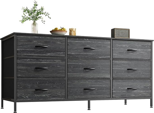 Huuger 9 Drawer Dresser, 47 Inch TV Stand for 50, 55 Inch TV, Entertainment Center with Drawers, Fabric Dresser Chest of Drawer for Bedroom, Closet, Charcoal Black Wood Grain Print