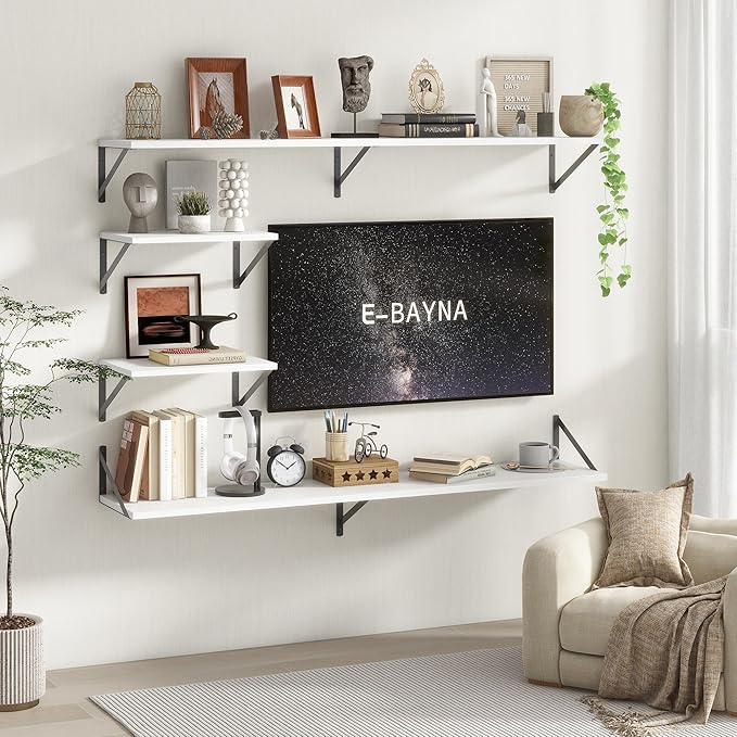 Floating Shelves 48 Inch Long, 10" Deep Floating Shelves, White Wall Shelves 48 x 10, Set of 2, Wide Large Display Storage Shelves for Bathroom, Living Room, Rustic Wood Shelves with Brackets