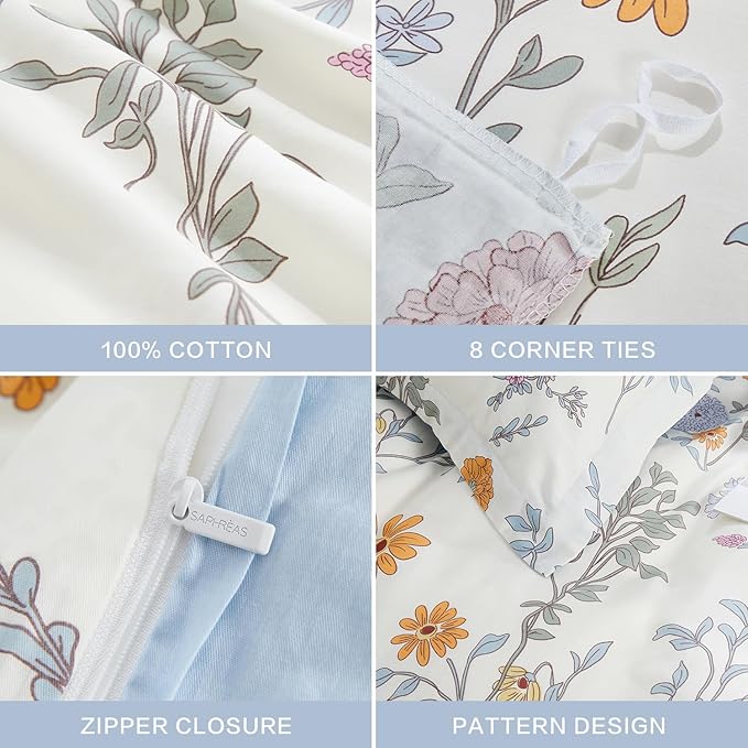 SAPHREAS Floral Duvet Cover Set 2pcs Twin Size Botanical Flower Leaves Pattern Bedding Comforter Cover Set 100% Cotton 1 Duvet Cover 68"x90" 1 Pillow Sham, Comforter Not Included