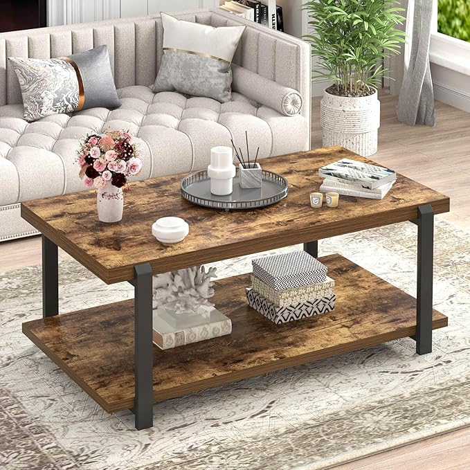 FOLUBAN Modern Coffee Table, Rustic Wood Center Table with Storage for Living Room, Industrial Rectangle 2 Tier Low Cocktail Tea Table, Rustic Brown