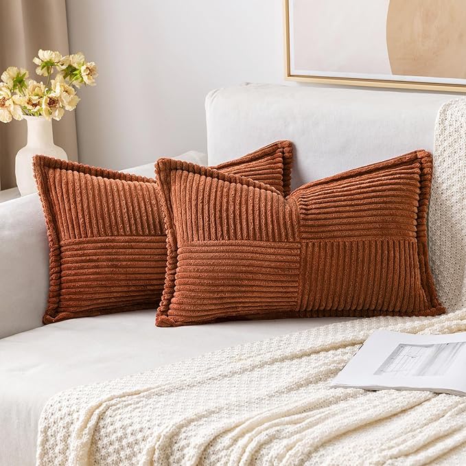 MIULEE Dark Rust Fall Decorative Lumbar Throw Pillow Covers for Couch Bed Livingroom 12x20 Inch Set of 2 Boho Accent Throw Pllows Broadside Striped Patchwork Soft Corduroy Pillowcases