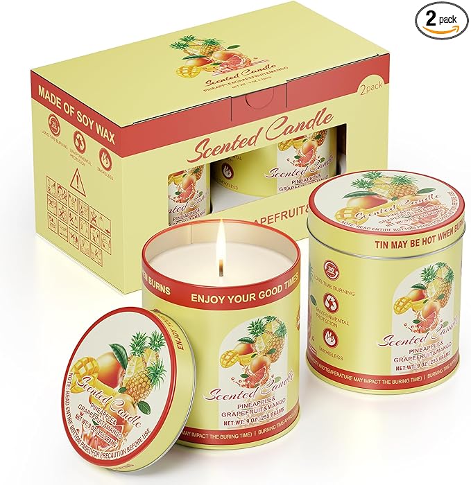 Pineapple Grapefruit Mango Scented Candles Set | 2 Pack 510g 8% Essential Oils 80H Burn | Smokeless Clean Burning Aromatherapy Tin Jar Candles for Home Relaxation, Yoga, Spa Gift for Men&Women