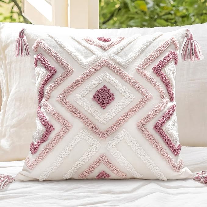 Boho Pillow Covers 18X18 Inch Boho Tufted Throw Pillow Covers Decorative Tassels Cushion Cover Farmhouse Pillow Case for Couch Sofa Bed Living Room Bedroom, Pink