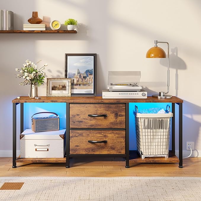 LED TV Stand Dresser for TVs up to 55 Inch, Entertainment Center with 2 Fabric Drawers and 2 Open Storage Shelves, Coffee Table Television Stands for Living Room, Bedroom, Wood Top, Rustic Brown