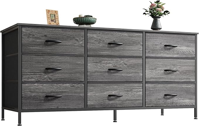 Huuger 9 Drawer Dresser for Bedroom, 47 Inch Dresser TV Stand for 50, 55 Inch TV, Entertainment Center with Drawers, Fabric Drawer with Storage, Closet, Grey