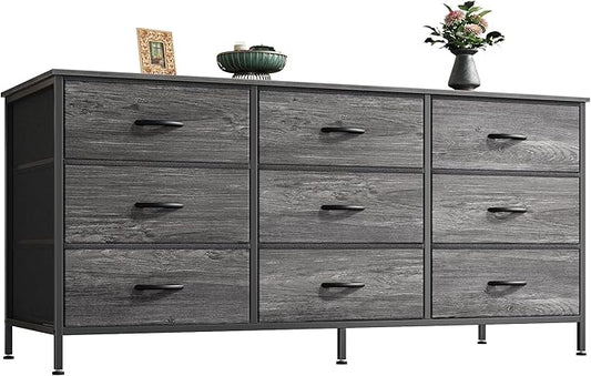Huuger 9 Drawer Dresser for Bedroom, 47 Inch Dresser TV Stand for 50, 55 Inch TV, Entertainment Center with Drawers, Fabric Drawer with Storage, Closet, Grey
