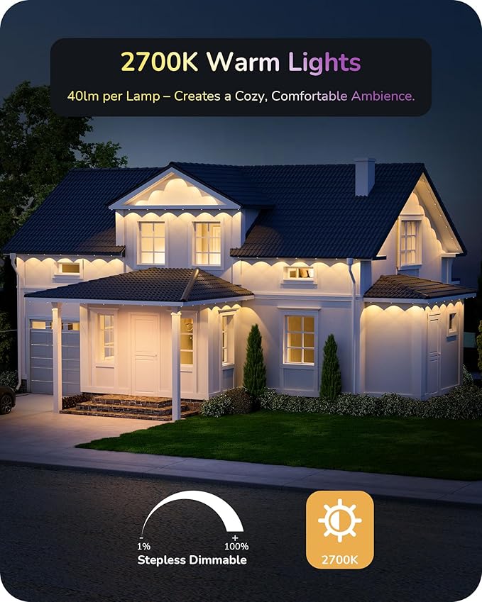 EDISHINE Cuttable Permanent Outdoor Christmas Lights PRO, 100FT 60 LED RGB+IC+Warm White Eave Light, 111+ Scene Mode, Smart APP/Voice & Remote, IP67 for House Year-Round Decor, Work with Alexa, Google