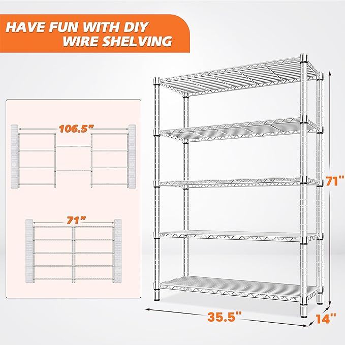 REIBII 5-Tier Wire Shelving - Heavy Duty Metal Shelves for Loads up to 1200LBS, Adjustable Garage & Pantry Storage, 71H X 35.5W X 14D, Chrome