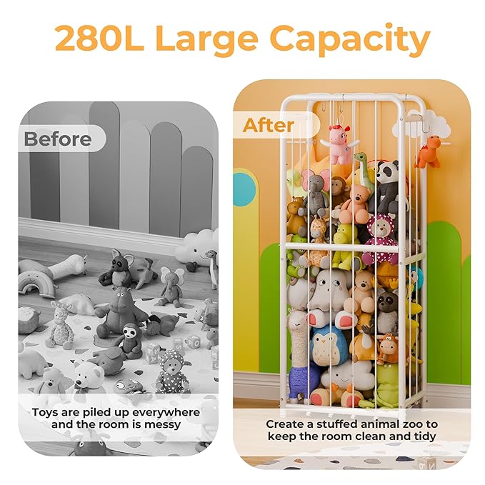 GRANNY SAYS Stuffed Animal Storage Tube, Large Stuffed Animal Holder with Elastic Band and Hooks, Metal Stuff Animal Organizer for Plushies Storage, Kids Toy Storage Organizer for Bedroom Playroom