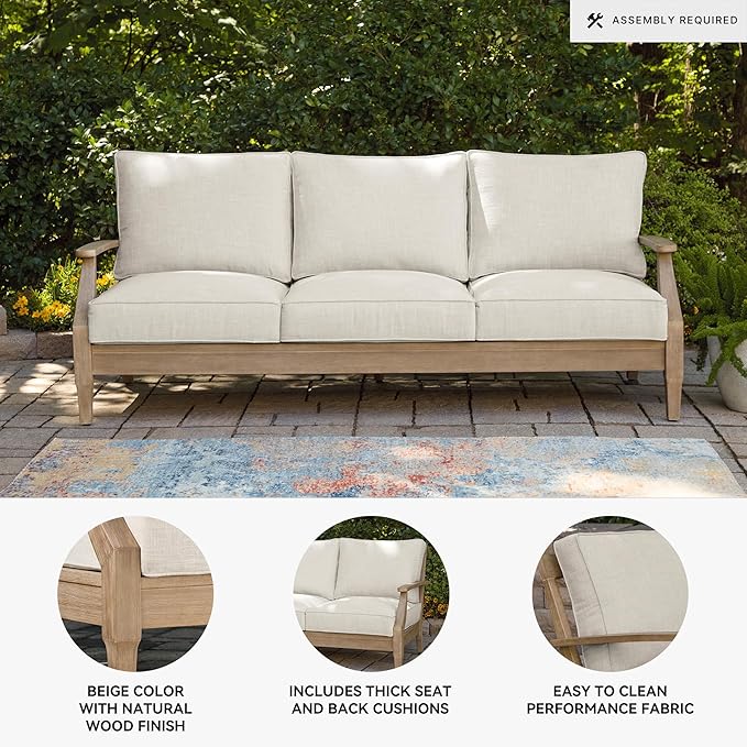 Signature Design by Ashley Carter Hall Outdoor Eucalyptus Wood Patio Sofa – Cushioned with UV-Resistant Nuvella Fabric, 5-Step Protective Finish, Beige