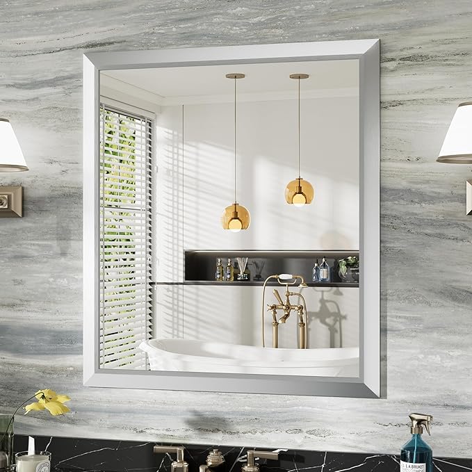 36x32 Inch Silver Bathroom Mirror for Wall, Thick Metal Framed Rectangle Mirrors for Over Sink, Bedroom, Living Room, Entryway, Anti-Rust, HD Tempered Glass