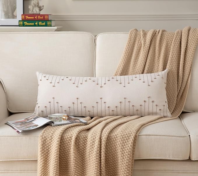 Caflife Boho Lumbar Pillow Cover 14x36 Long Pack of 1 Decorative Pillows Bed, Beige with Tan Body Throw Pillow Covers, for Modern Farmhouse Sofa Bedroom Living Room Home Decor Couch Pillowcase