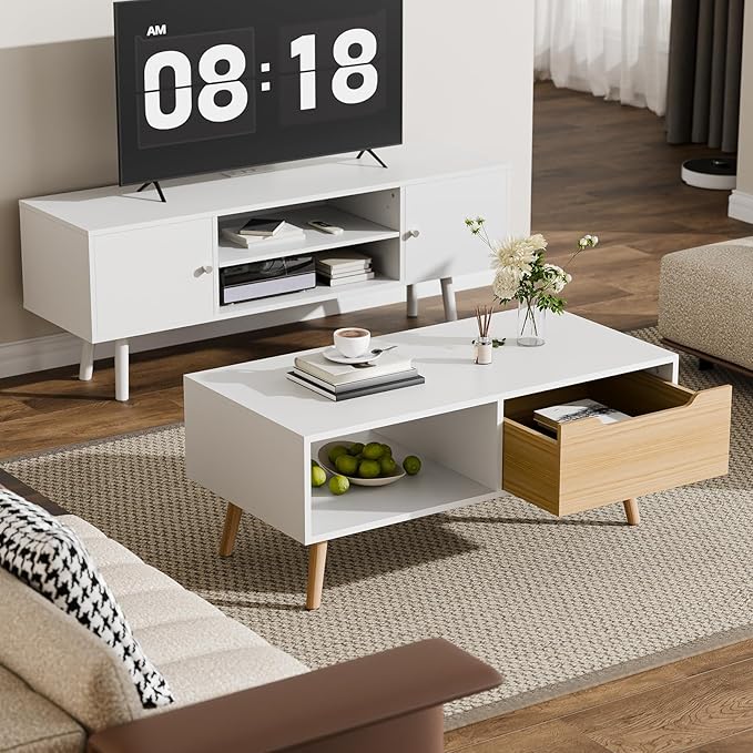 Cozy Castle Modern Coffee Table, Wooden Cocktail Table with Storage, Minimalist Hallway Table, Mid Century Modern Coffee Table for Living Room Apartment Reception, White