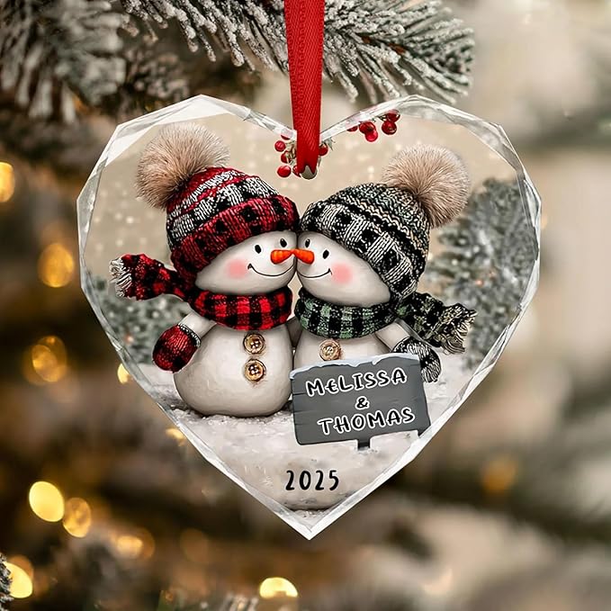 NAZENTI Personalized Snowman Couple Ornament 2025, Custom Glass Christmas Ornaments with Names, Snowman Lovers Holiday Decoration, Romantic Gift for Couples Newlyweds Keepsake 01