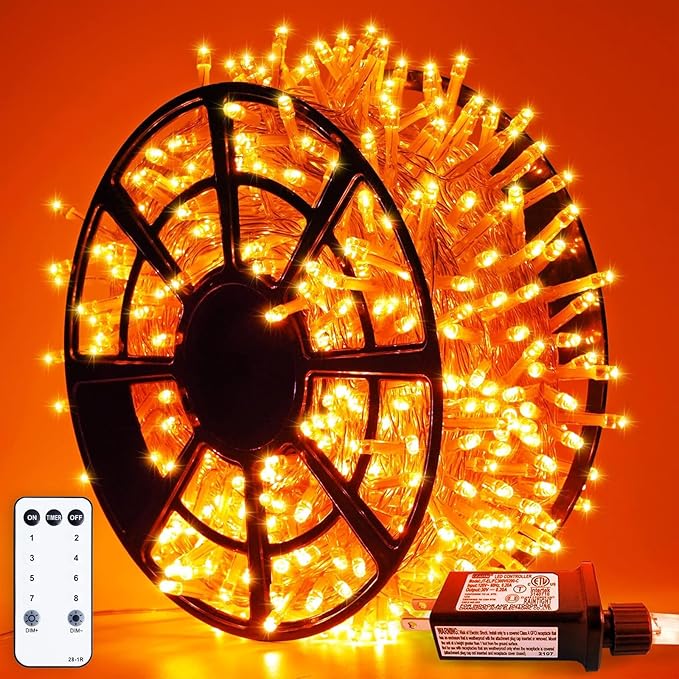 JMEXSUSS 500 LED Halloween Lights Outdoor, 163FT 8 Modes Orange Halloween Light Indoor Clear Wire, Outdoor Waterproof Thanksgiving Lights Plug in for Fall Room Porch Christmas