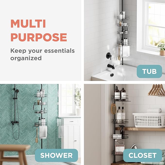 Zenna Home Tension Pole Shower Caddy Corner Organizer, Adjustable Standing Shower Caddy with 4 Baskets and Built in Towel Bar, Rust Resistant Bathroom Tension Rod Organizer, 60 to 97 Inch, Matte Black