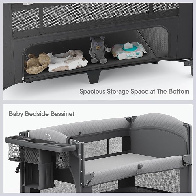 4 in 1 Baby Bassinet, Pack and Play, Bedside Crib Sleeper, Diaper Changer - Comes with Mattress, Mosquito Net，Bottom Storage and Toy Bar for Newborn to Toddles