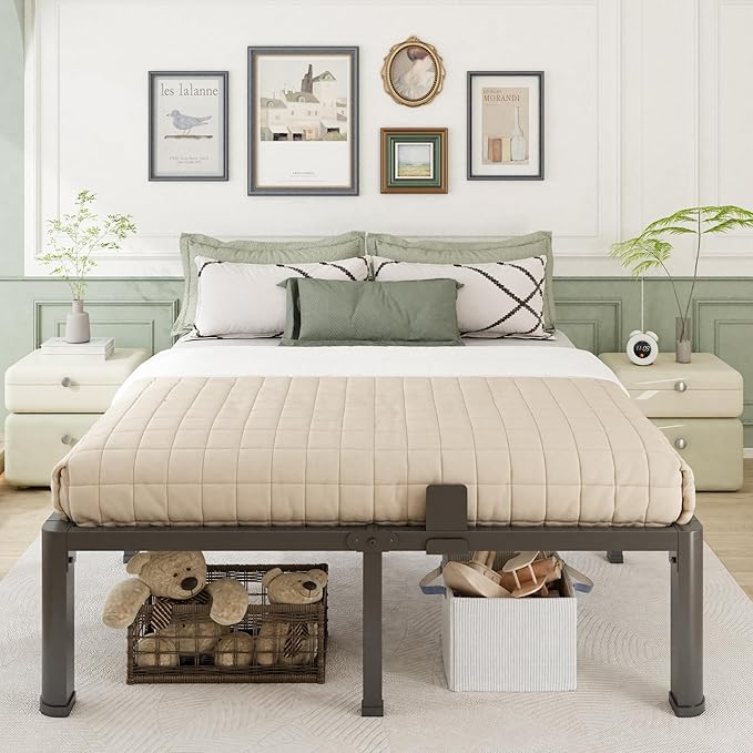 16 Inch Full Bed Frame with Rounded Corner and Headboard Hole Mattress Retainers 3500 lbs Heavy Duty Support Metal Platform Bed Frame Noise Free No Box Spring Needed Easy Assembly