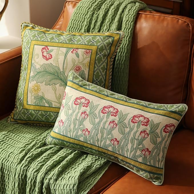 patdrea Designer Pack of 2 Rectangle Throw Pillow Covers,French Vintage Rustic Linen with Green Floral Pattern Pillows Cover,Decorative Lumbar Pillowcases Cushion for Bed Living Room,12"x20"