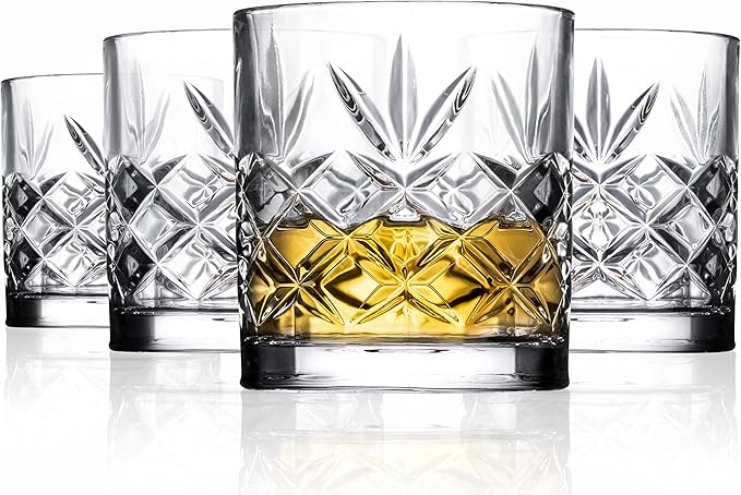 Royalty Art Whiskey Glasses - Set of 4 Premium Crystal Tumblers with The Distinctive Kinsley Design - Perfect for Bourbon, Scotch, Whiskey, and Cocktails - Ideal Gift for Enthusiasts 10.6 oz