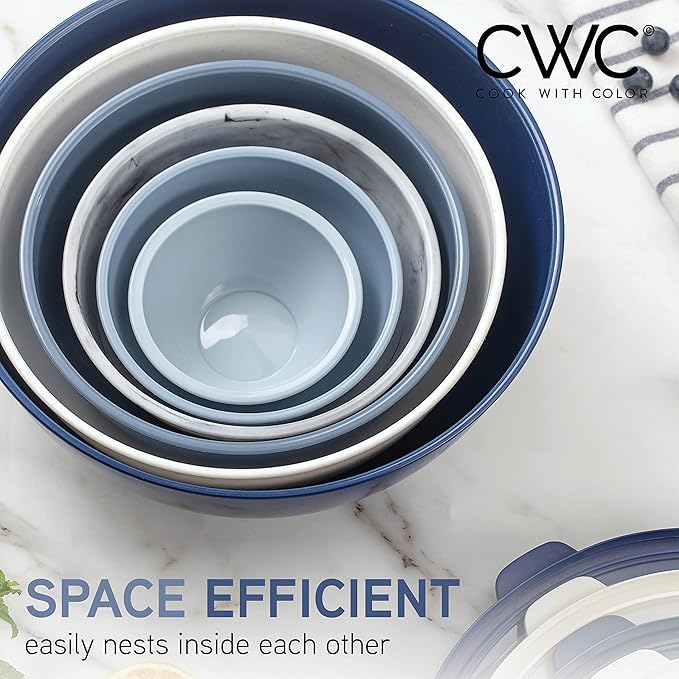 COOK WITH COLOR Mixing Bowls with TPR Lids - 12 Piece Plastic Nesting Bowls Set includes 6 Prep Bowls and 6 Lids, Microwave Safe Mixing Bowl Set (Blue and White)