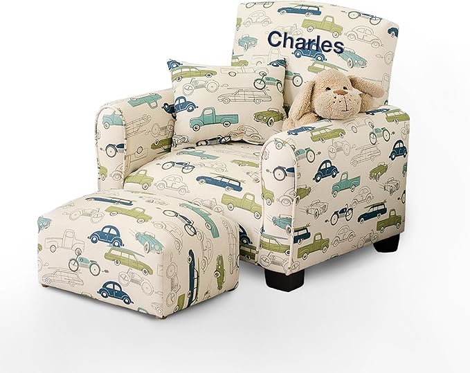 Toddler Personalized Armchair, Kids Upholstered Rocking Chair with Personalization, Toddler Chair with Personalized Name, Comfy Child Armchair, (Cars & Trucks Print, Rockers)