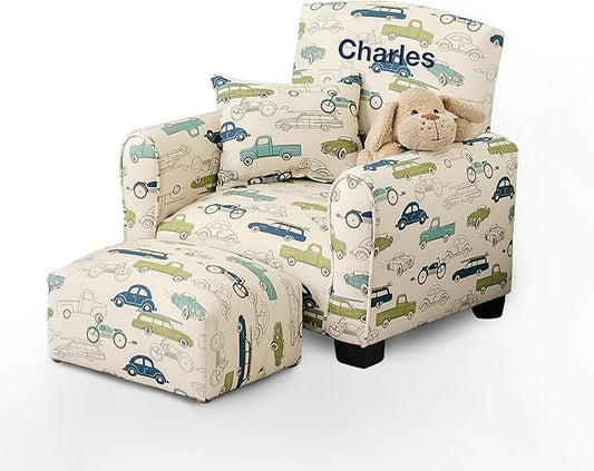 Toddler Personalized Armchair, Kids Upholstered Rocking Chair with Personalization, Toddler Chair with Personalized Name, Comfy Child Armchair, (Cars & Trucks Print, Legs)