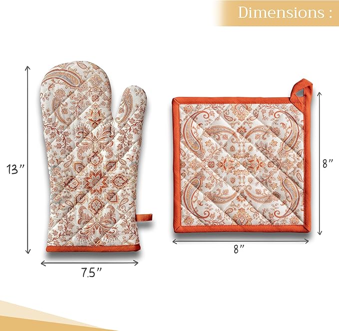 Maison d' Hermine 100% Cotton Oven Mitt & Pot Holder Set (7.5"x13" & 8"x8") Heat Resistant BBQ Cooking Gloves with Loop for Thanksgiving Christmas Decorations Handling Hot Pans (Cachemire)