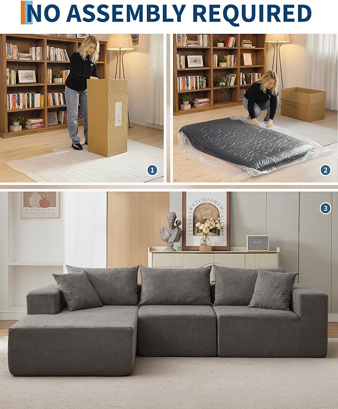 Garvee 108" Modular Sectional Sofa,Cloud Couch Sectional with Left Chaise | Compressed l Shaped Sofa for Living Room | Boneless Couch & Sofa Bed Design,No Assembly Required, Gray