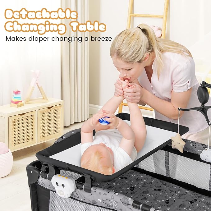 BABY JOY 3 in 1 Pack and Play, Portable Baby Playard with Bassinet, Changing Table, Lockable Wheels, Glowing Music Box, Travel Baby Crib Bassinet Bed from Newborn to Toddler