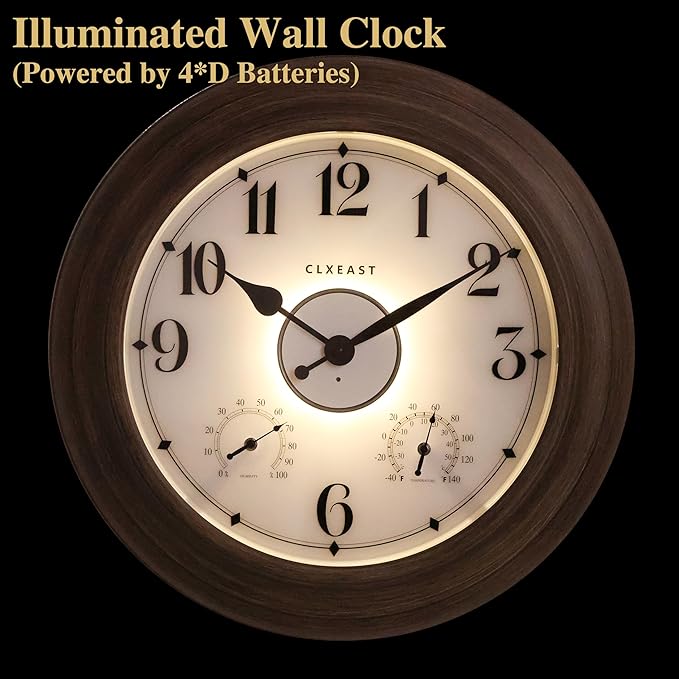 CLXEAST 24 Inch LED Illuminated Outdoor Clocks Waterproof with Thermometer & Hygrometer, Large Lighted Metal Wall Clock with Smart Night Light Sensor,Grey Oak Finish,House Warming Gifts New Home