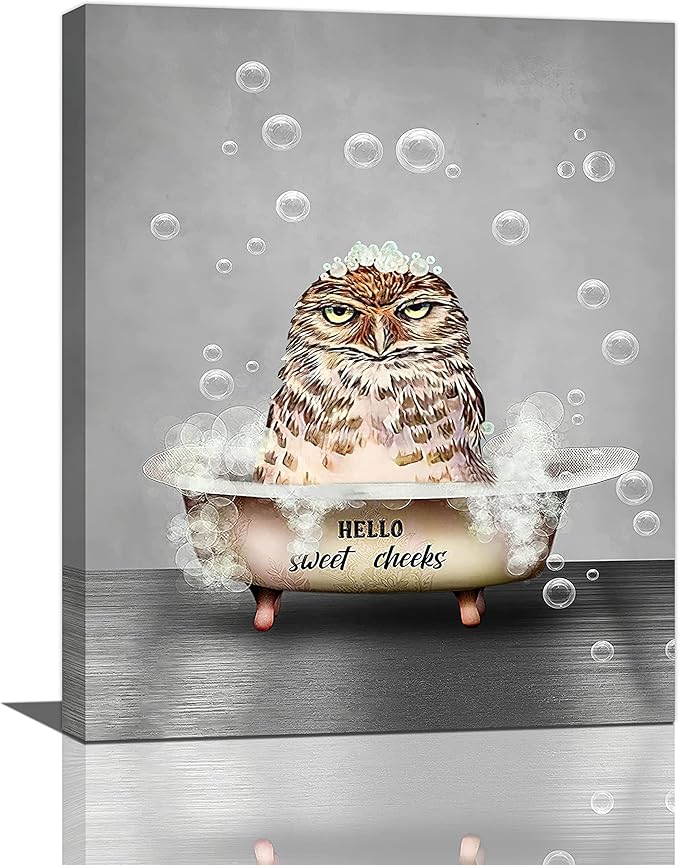 Funny Owl Bathroom Wall Art - Farmhouse Animal Owl In Bathtub Pictures Canvas Prints Painting Artwork Home Decorations Framed 16"x20"