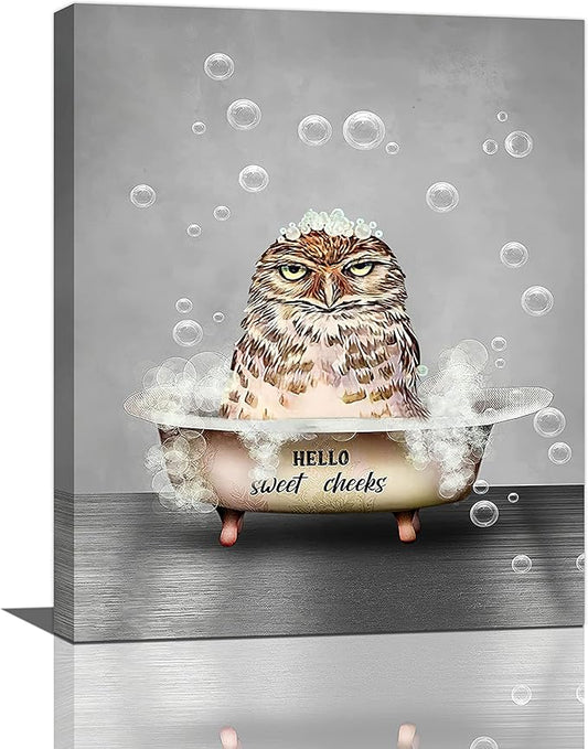 Funny Owl Bathroom Wall Art - Farmhouse Animal Owl In Bathtub Pictures Canvas Prints Painting Artwork Home Decorations Framed 16"x20"