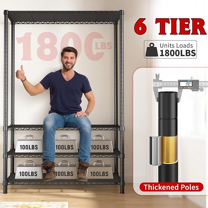 REIBII 6 Tier Wire Shelving,1800LBS Storage Shelves Metal Shelves for Storage Rack,75''H Adjustable Garage Shelving Heavy Duty Shelving Units Pantry Shelf Kitchen,75''HX35.5''WX18''D