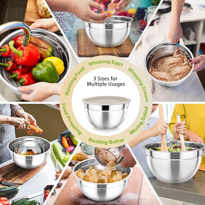 P&P CHEF Khaki Mixing Bowls with Lids, Set of 3, Stainless Steel Salad Nesting Bowl for Mixing, Storing, Prepping, Airtight & Stackable, Size 4.6/3 /1.5 QT