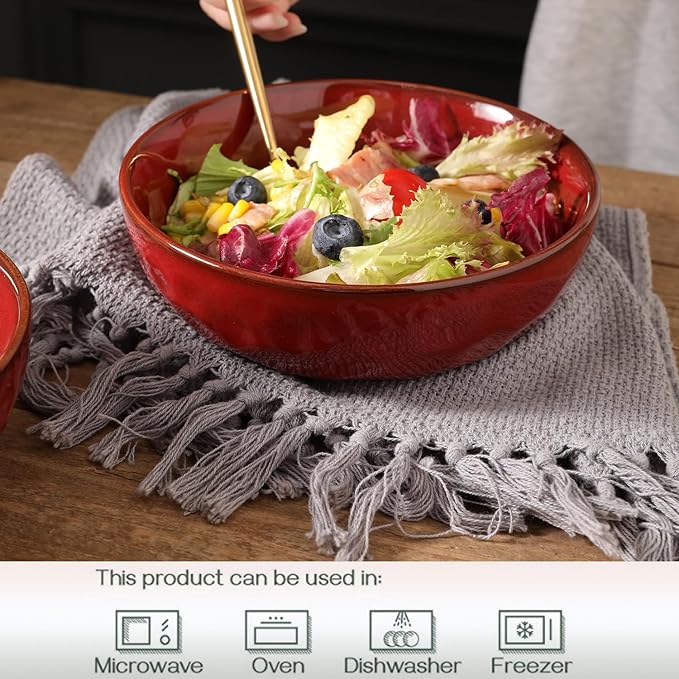vicrays Ceramic Salad Bowls Set for Kitchen, Serving - 32 Ounce Soup Bowls, Pasta Bowls, Chip Resistant, Dishwasher Microwave Safe, Large, Fluted, Stoneware, Set of 6 (Cherry Red)