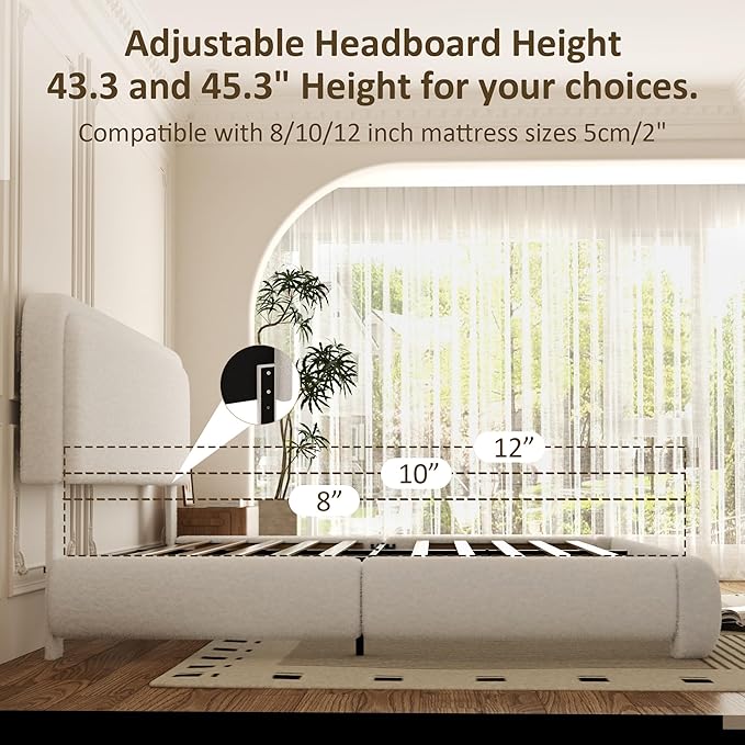 Queen Bed Frame, Teddy Velvet Boucle Bed Frame with 43.3"/45.3" Adjustable Upholstered Headboard, Rounded Corners, Mattress Foundation, No Box Spring Required, White